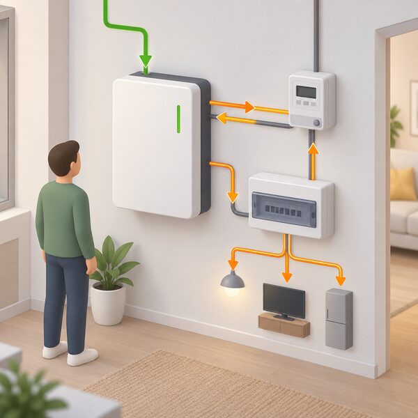 A wall-mounted domestic battery storage unit indoors, shown with a simplified isometric figure, connected by cables to a smart meter and consumer unit, with a simple flow diagram of arrows indicating surplus electricity entering the battery and later flowing out to the household and to the export meter.