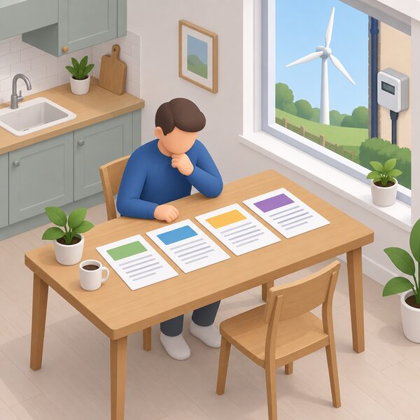 A simplified isometric figure at a kitchen table comparing several printed SEG tariff offer sheets from different suppliers, laid side by side, with a small wind turbine and export meter visible through the window of the house to show the generation being sold.