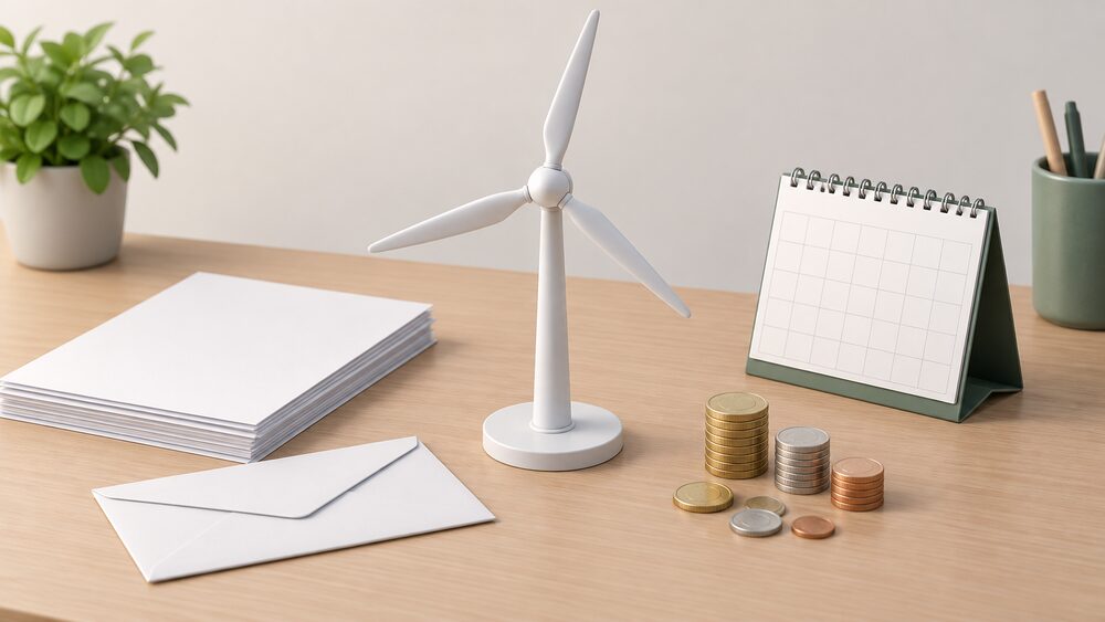 A small model of a domestic wind turbine stands on a table beside a stack of blank paperwork, a sealed envelope, a loose pile of coins and a desk calendar, suggesting the ongoing tariff payments that continue for an accredited installation after the scheme has closed.