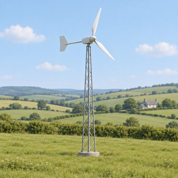 A small domestic wind turbine on a slender lattice tower standing in open countryside, with rolling fields, a few hedgerows and a distant farmhouse, and no people or other equipment nearby.