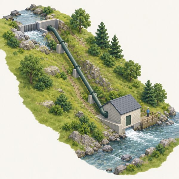 A small hydro installation beside a stream, with an intake, sloping penstock pipework running down to a compact turbine and generator housing at the water's edge, the kind of accredited site the scheme covered.