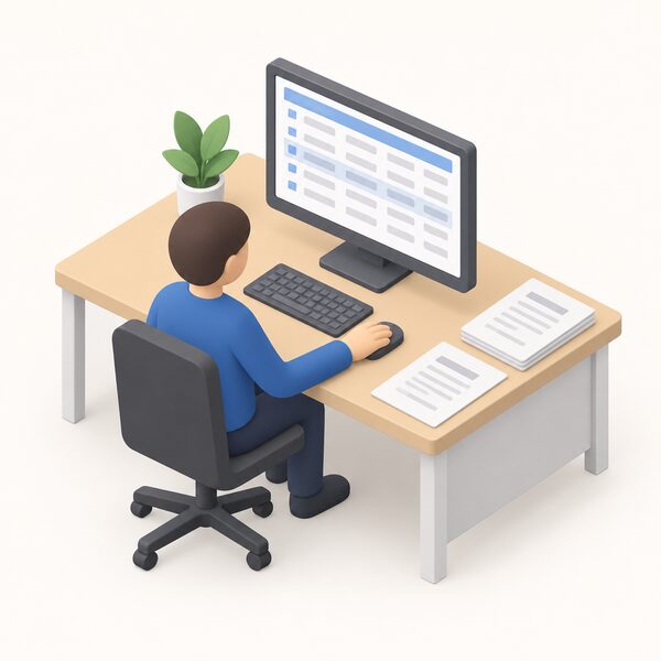 A simplified isometric figure sits at a desk computer in an office, viewing a screen showing the Central FIT Register as a plain database of accredited installation records, with a printed document of supporting papers beside the keyboard.