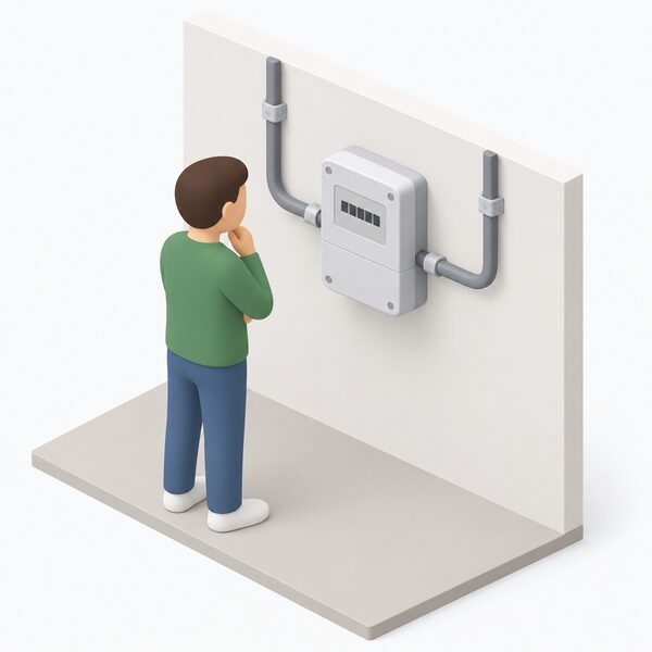 A wall-mounted generation meter in a home, connected by conduit to incoming generation wiring on one side and outgoing supply wiring on the other, with a simplified isometric householder standing beside it checking the plain display, showing the meter that records energy generated.