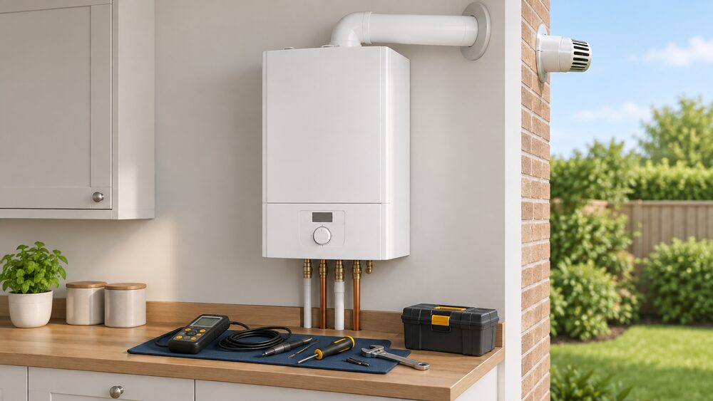 A wall-mounted gas-fired micro-CHP boiler, resembling a conventional boiler, fixed to an indoor kitchen wall with its flue passing through the external wall to the open air, shown close up with a Gas Safe engineer's service tools laid out below it.