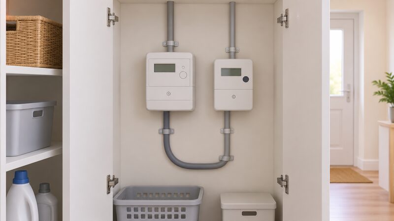 A utility cupboard with a household electricity meter and a small separate generation meter mounted side by side on the wall, each wired with its own conduit, showing the metering that records a micro-CHP installation's generation and export for Feed-in Tariff payments.