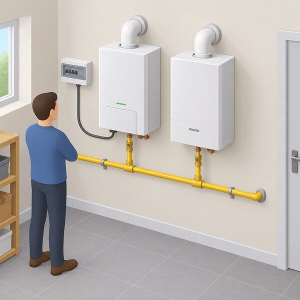 An indoor utility space with a micro-CHP boiler appliance and a conventional gas boiler installed side by side on the same wall, both connected by gas pipes to a shared mains gas supply pipe, the micro-CHP unit also linked by a cable to a small consumer unit to show its electricity output.