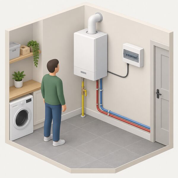 A wall-mounted domestic micro-CHP boiler unit in a home utility space, shown in cutaway isometric view with a gas supply pipe rising from the floor to the unit and an electrical cable running from the unit to the household consumer unit on the adjacent wall.
