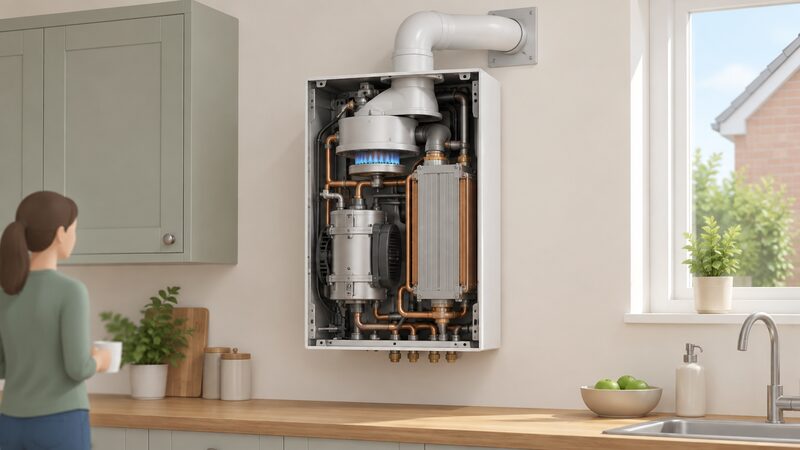A wall-mounted micro-CHP boiler on a kitchen wall with its front casing removed, revealing a small generator assembly beside the heat exchanger, both connected to the gas burner and flue above.