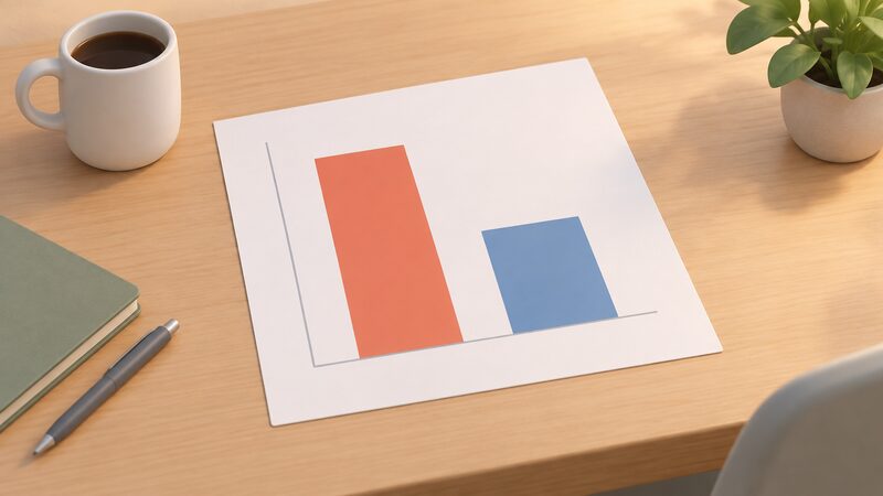 A printed bar chart sheet lying on a table, showing two plain bars comparing annual energy bills for a gas boiler household and a heat pump household, with the gas bar noticeably taller.