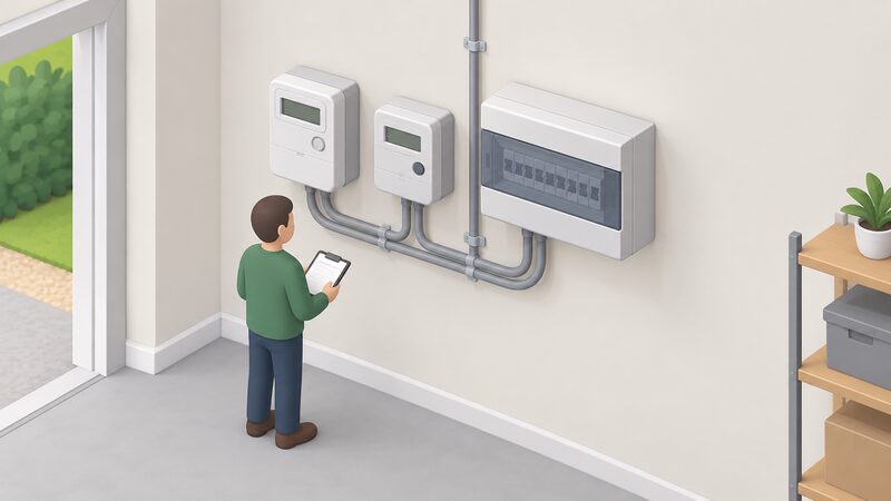 A wall-mounted consumer unit with a smart meter and a separate generation meter installed beside it in a home, connected by conduit, with a small isometric figure checking the meters.