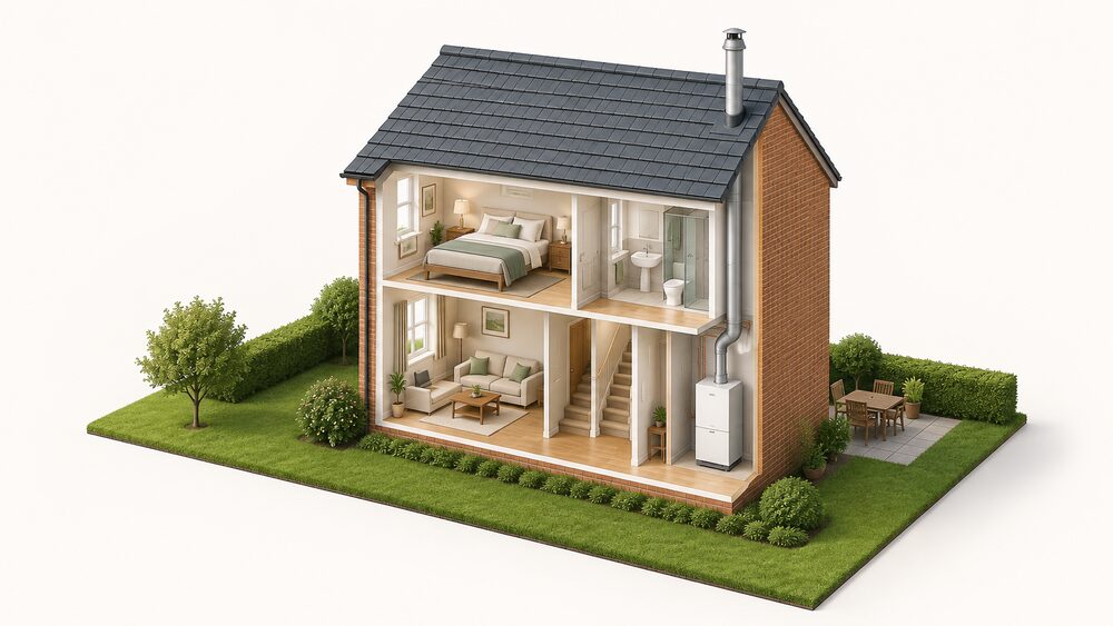 A cutaway of a small house showing a compact micro-CHP unit, styled like a boiler, standing on the floor of a utility space indoors, with its flue pipe rising up through the building and terminating above the roof, and no car or cable anywhere in the scene.