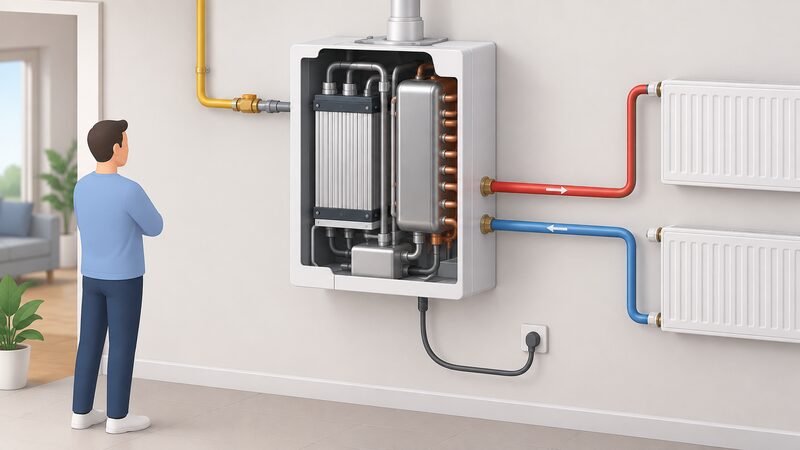 A cutaway domestic fuel cell heating appliance mounted against a wall, showing the internal fuel cell stack and heat exchanger, with a pipe from the gas supply entering, a heating water flow and return connecting to the home's radiators, and an electrical cable leaving the unit as a secondary output.