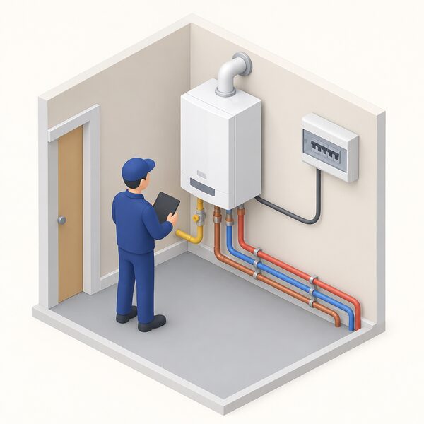 A boiler-shaped micro-CHP unit installed indoors in place of a wall-hung gas boiler, connected to the gas and heating pipework, with a small isometric figure inspecting it and a simple cable running to a consumer unit to show electricity as a by-product of heat.