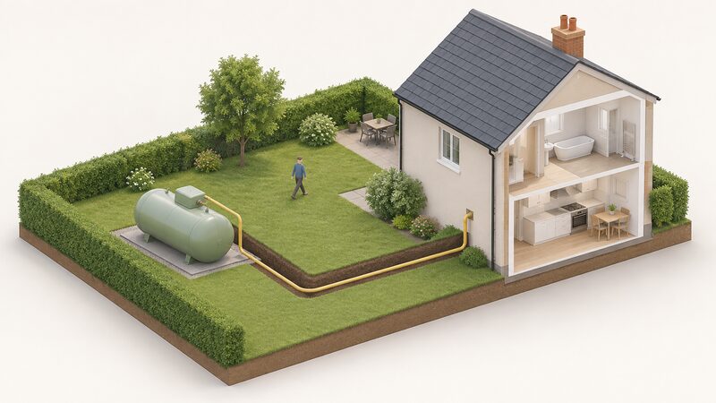 An LPG storage tank standing in the garden of an off-gas-grid home, with buried or surface-run pipework connecting it to the house wall where the supply enters, shown in a simple isometric cutaway of the property and its grounds.