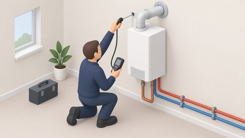 A heating engineer kneels beside a wall-mounted micro-CHP unit in a home, probing its flue with a flue gas analyser while the unit's pipework connects to the same heating circuit and flue route a boiler would use.