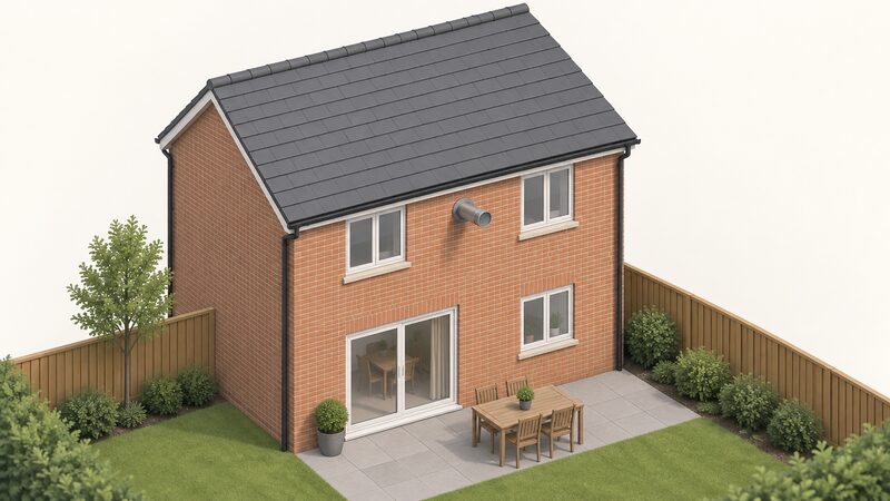 A simplified isometric view of the rear elevation of a house with a flue pipe exiting the rear wall and terminating below the ridge line, with the roof ridge visible above it to show the flue sits lower than the highest point of the roof.