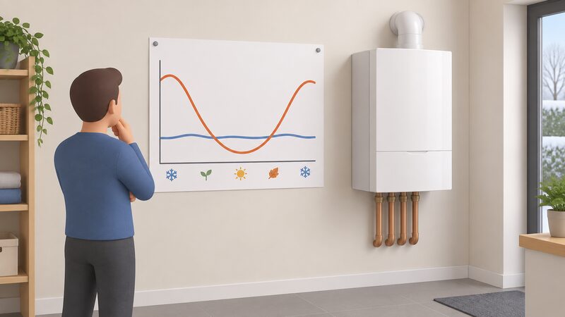 A printed chart sheet pinned on a wall beside a domestic micro-CHP boiler, showing two plain lines across the year: a tall electrical output curve peaking in winter months and a flatter household electricity demand line, with no numbers or words.