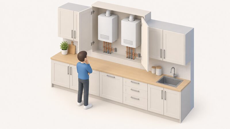 An open kitchen cupboard with a wall-mounted micro-CHP unit installed beside a standard wall-hung boiler, both similar in size and style, with a small isometric figure inspecting the pair and gas and water pipes running from each unit into the wall.