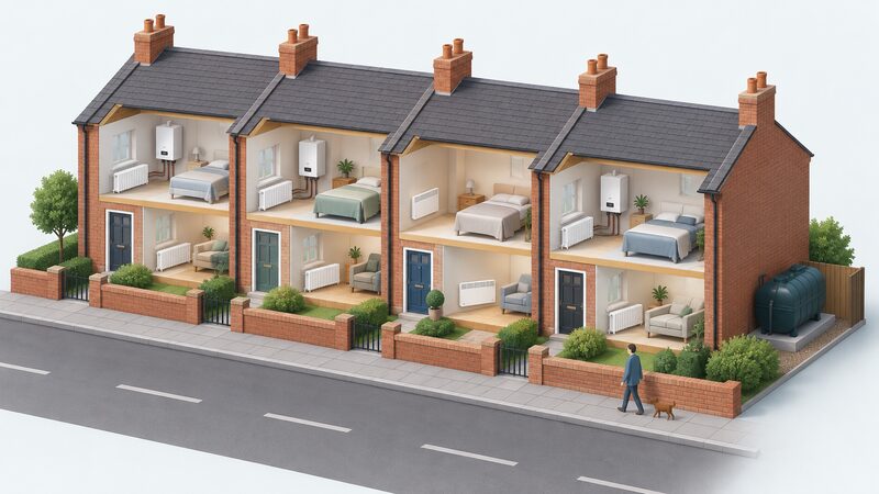 A terraced street of UK brick homes in cutaway isometric view showing mostly gas boilers with radiators, one home with an electric panel heater and one with an oil tank outside, so the gas-dominated mix of heating technologies is visible.