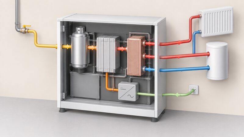 A cutaway view of a domestic fuel cell unit showing mains gas entering an inlet, passing through a reformer into a fuel cell stack, with a heat exchanger capturing waste heat connected to heating and hot water flow and return pipes, and an inverter supplying alternating current output.