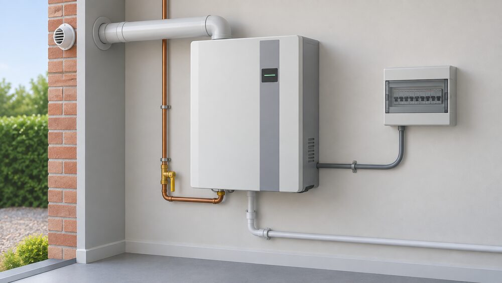 A wall-mounted domestic fuel cell micro-CHP unit, the size of a large boiler, shown close up indoors with its flue passing through the external wall behind it, a gas supply pipe, a condensate pipe and an electrical connection to a consumer unit beside it.