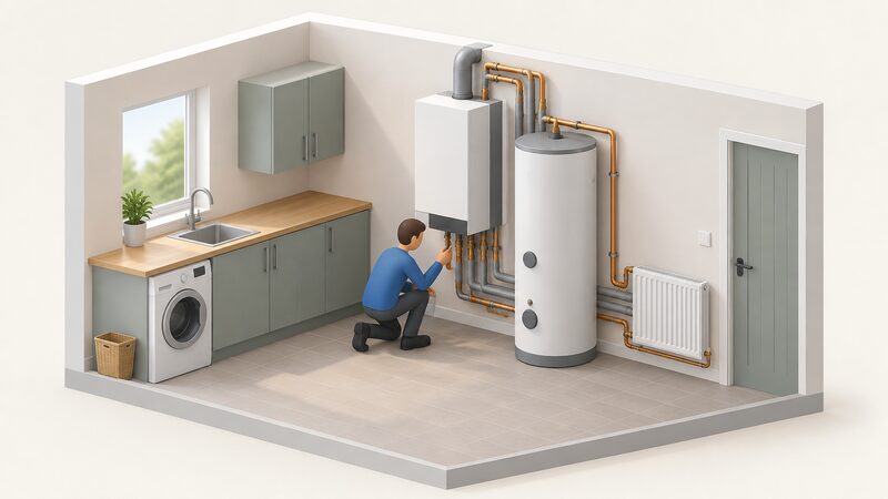 A domestic utility kitchen with a wall-standing fuel cell micro-CHP unit beside a tall hot water cylinder, both linked by insulated pipework into the existing heating circuit, with a small isometric figure checking the unit's connections.