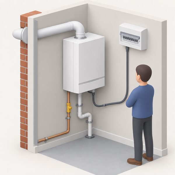 A compact wall-mounted gas heating unit installed indoors in place of a boiler, connected to a gas pipe and condensate drain, with a flue passing through the outside wall and a cable running to the consumer unit.
