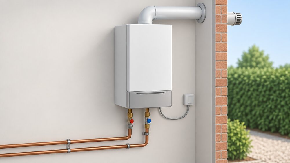 A close-up of a single gas-fired micro-CHP unit mounted indoors on a wall, plumbed with heating flow and return pipework, its flue passing through the external wall to the open air, and an electrical connection cable running from the unit.