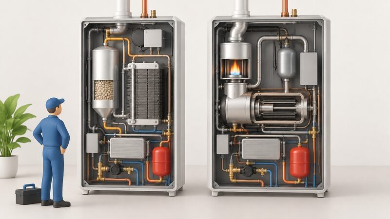 A side-by-side cutaway of two domestic gas-fired micro-CHP units: one containing a fuel cell stack fed by a gas reformer with no flame, the other containing an external burner heating a sealed Stirling engine gas circuit driving a linear alternator, both with heat recovery pipework.