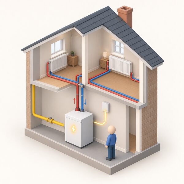 A cutaway isometric view of a gas-fired micro-CHP unit in a home, connected to the central heating flow and return pipes feeding wall radiators, with a small figure beside it and a simple glowing indicator suggesting electricity being generated while heat flows to the radiators.