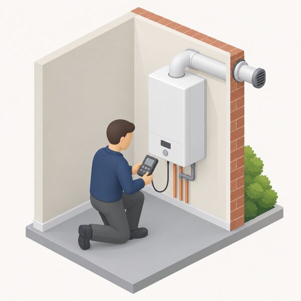 An MCS certified installer in plain work clothing kneels beside a wall-mounted micro-CHP unit installed indoors like a boiler, commissioning it with a handheld testing device while a flue passes through the outside wall behind the unit.
