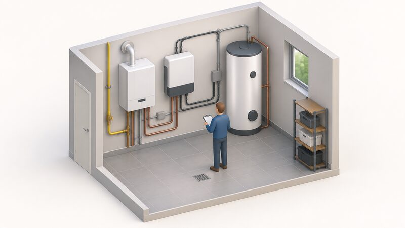 A utility room with a wall-mounted gas-fired micro-CHP unit, a solar inverter and a heat pump hot water cylinder side by side along one wall, each connected to its own pipework and cabling, with a small isometric figure inspecting the row of equipment.