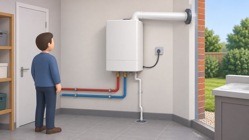 A wall-mounted domestic micro-CHP unit in a utility room, with its flue passing through the external wall, a condensate pipe running down to a drain, heating flow and return pipework below, and an electrical cable connection to the unit.