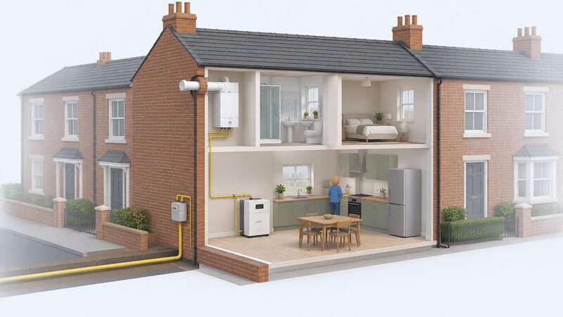 A cutaway view of a terraced house showing a gas meter at the external wall, a wall-mounted boiler with its flue passing through an outside wall, and a small gas-fired generating unit standing in the kitchen, all connected to a mains gas supply.
