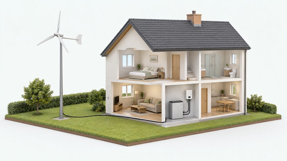 A cutaway of a small house with a pole-mounted wind turbine standing in a clear open area beside it, its cable running indoors to a battery and an inverter on the wall of a utility space.