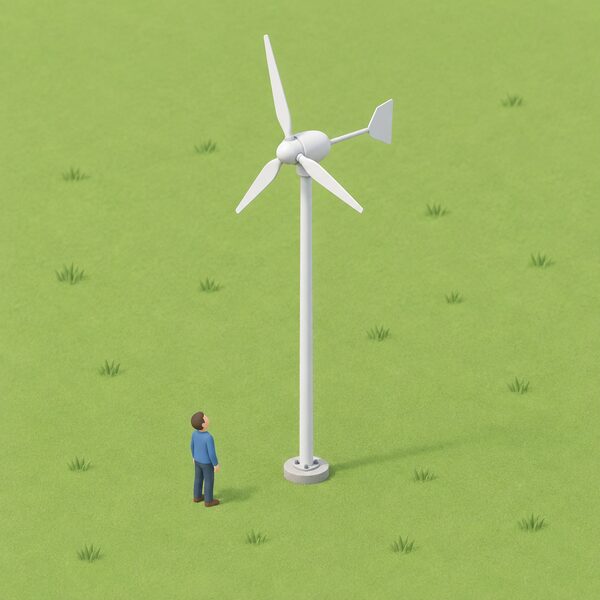 A small domestic pole-mounted wind turbine standing on its own slim pole in a clear open grassy area, well away from any buildings or trees, with a simplified isometric figure nearby looking up at the machine to show its household scale.