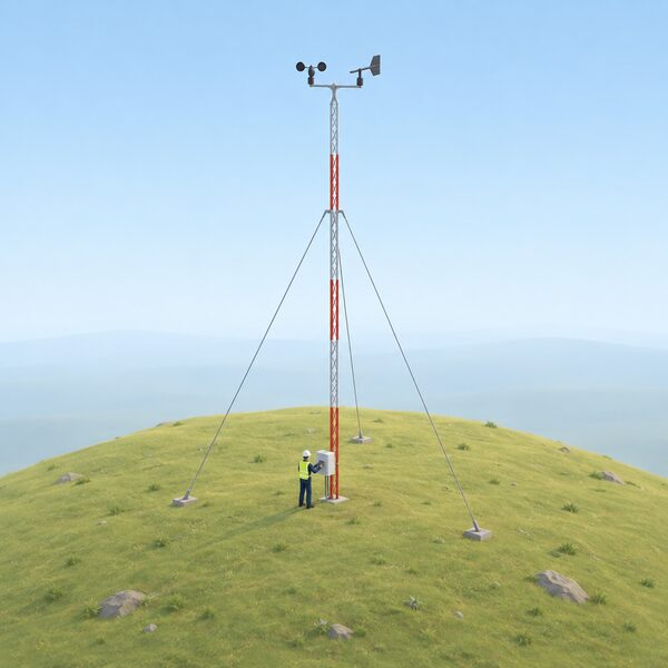 A slim guyed anemometer mast stands alone on an open hilltop, its cup anemometer and wind vane at the top, with a small isometric assessor at the base checking a recording box, and no buildings, trees or other obstructions anywhere nearby.