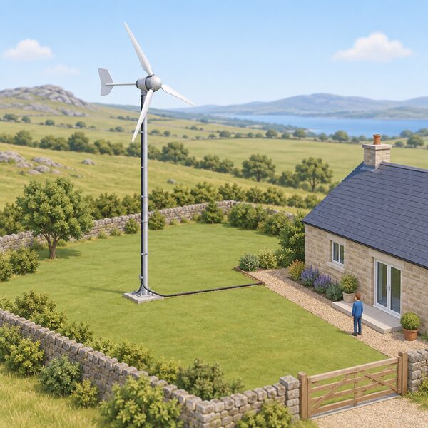 A small pole-mounted domestic wind turbine standing free within the garden curtilage of a rural house, its cable running down the pole and into the property, set in an open exposed landscape.