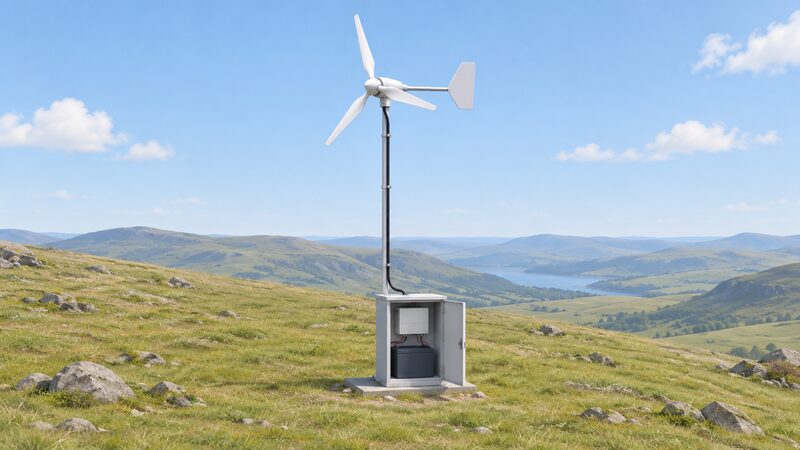 A small pole-mounted wind turbine standing on an open, treeless hillside, with a cable running down the pole to a weatherproof cabinet at its base containing a battery store and an inverter that condition its output for use.