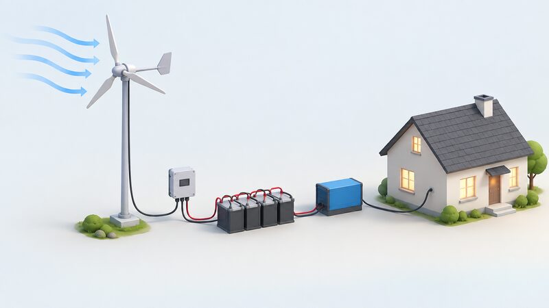 A simplified diagram of a small domestic wind turbine on a pole with wind flowing past its rotor, a cable running down to a charge controller beside a battery bank, then to an inverter that feeds a small house.