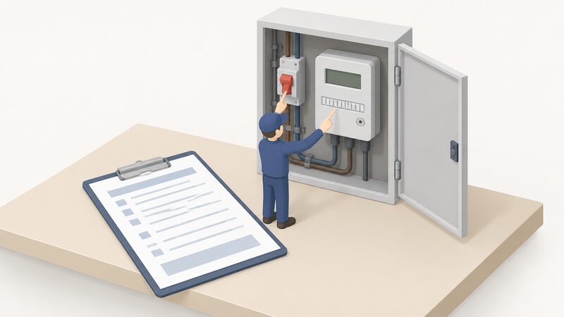 A completed commissioning form lying on a table beside an open meter cabinet, with a small isometric figure pointing to the isolation point and the meter serial number panel on the meter's front face.