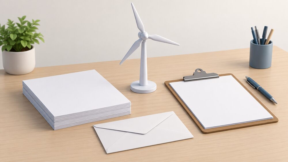 A small model of a wind turbine stands on a desk beside a stack of blank application paperwork, a sealed envelope, a clipboard with blank sheets and a pen, arranged as the moment before sending a grid connection application to the network operator.
