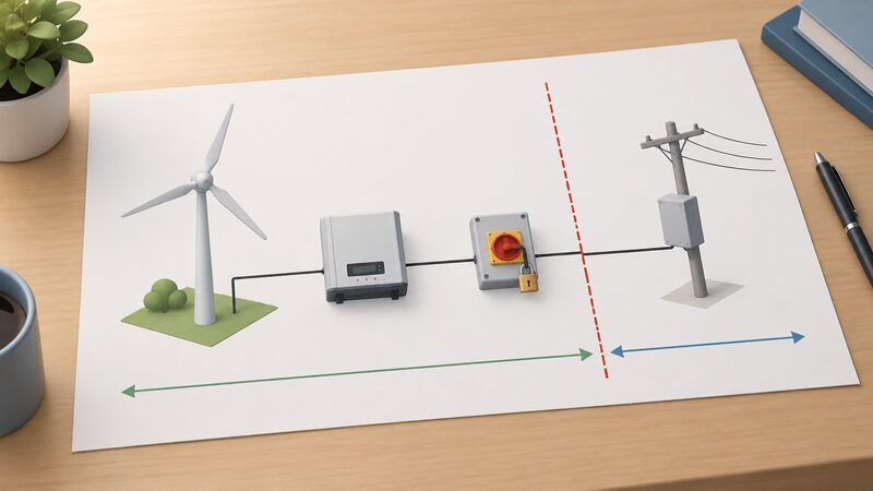 A single-line schematic drawn as a printed sheet on a table, showing a wind turbine generator connected through an inverter and a lockable isolator to a meter point, with a clear dashed demarcation line separating the customer's equipment from the network operator's equipment.