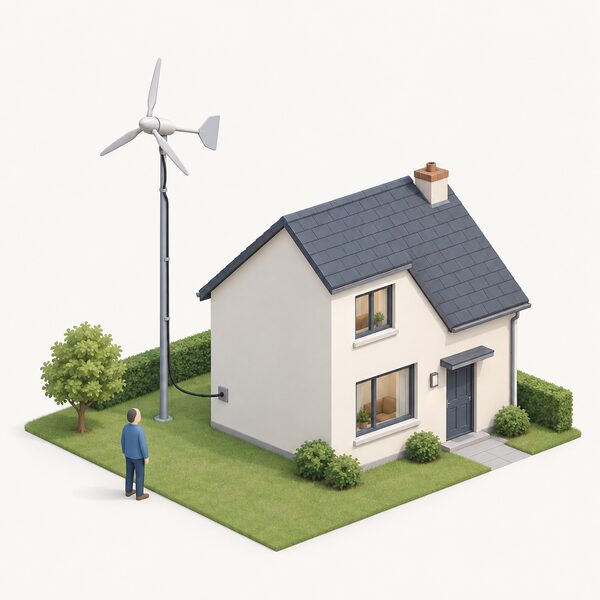 A small domestic wind turbine mounted on a slim pole beside a simple house, with a cable running down the pole and into the house wall, drawn so the turbine's modest size makes clear its capacity is what decides which grid connection standard applies.