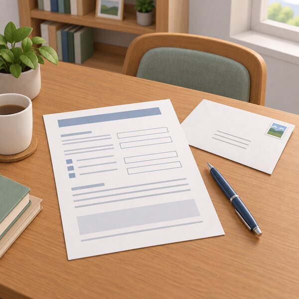 A completed grid connection application form lying on a wooden table in a home study, shown as a physical sheet with blank filled lines and plain blocks, beside a pen and a stamped envelope ready to send to the network operator.