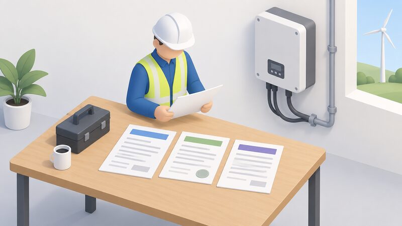 A completed G98 Form B notification sheet lying on a table beside a type test certificate and a G100 declaration, with a small isometric figure of an installer checking the papers next to a small wind inverter.