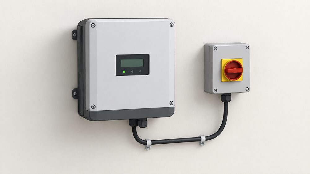 A close-up of a small wind turbine inverter mounted on an indoor wall, with its AC isolation switch beside it and a cable running from the inverter to the switch, the point where the G98 protection settings sit.