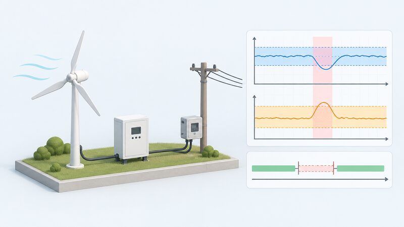 A schematic diagram sheet showing a small wind turbine connected to an inverter and then to a grid connection point, with a plain unlabelled graph beside it depicting frequency and voltage trip threshold bands as colour blocks and a reconnection delay as a marked gap on a timeline.