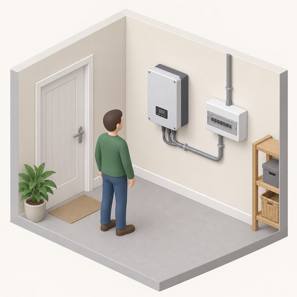 A small wind turbine inverter unit mounted on an indoor wall of a house, with simplified conduit connecting it to the household electrical supply, shown as a plain isometric interior scene with no readable text on the unit.