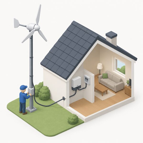 A small wind turbine mounted on a pole beside a simple house, with a cable running down the pole and into the house wall to connect with the household electricity supply, an isometric figure standing at the base checking the connection.
